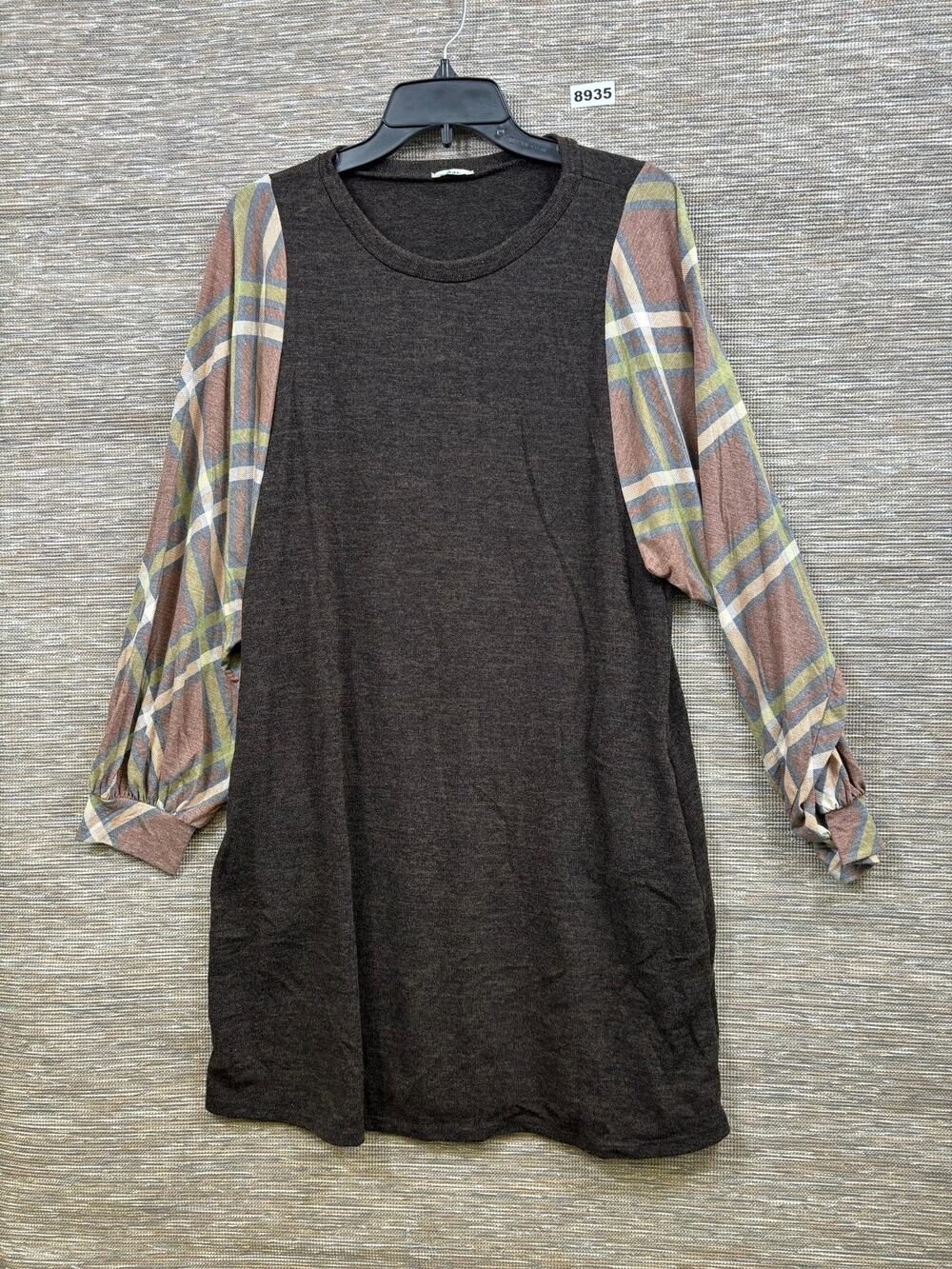 Egy Plaid Sleeve Dress Womens Sz L Brown Shift Balloon Long Sleeve Jersey Casual